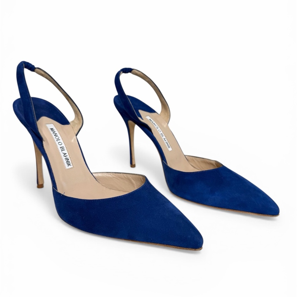 Manolo Blahnik Royal Blue Suede Slingback Heels Pointed Toe Pumps Size 39.5